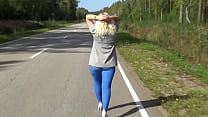 Flashing on the street in blue pantyhose